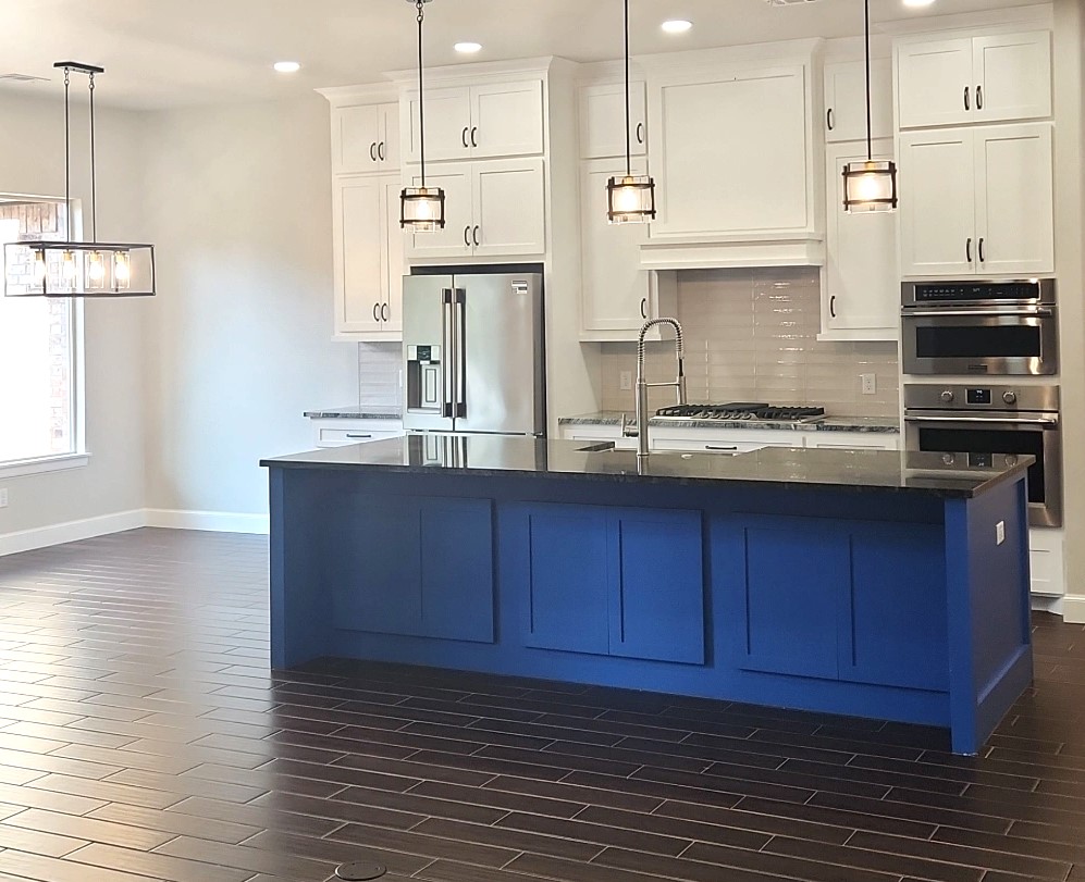 kitchen, kitchen design, blue kitchen, blue island, blue cabinets, dining room, white kitchen cabinets, kitchen inspiration, new construction, custom kitchen